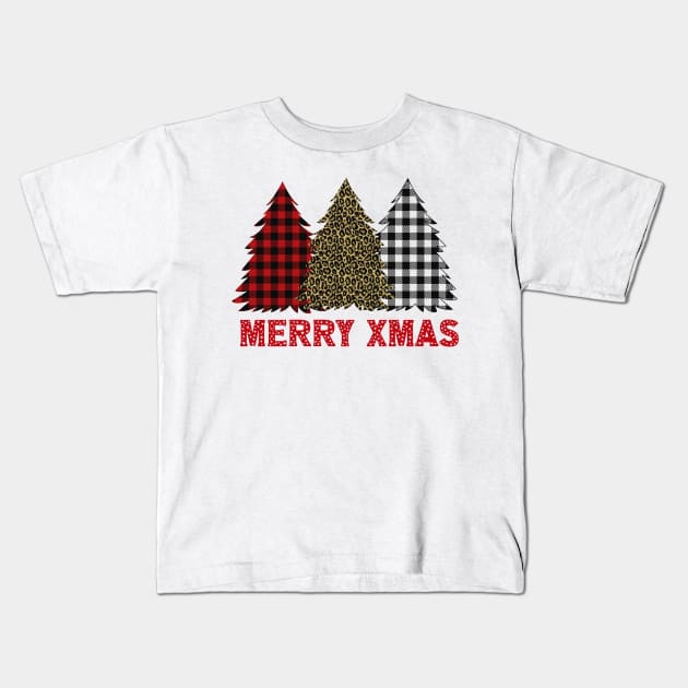 Merry xmas Leopard Buffalo Plaid Tree Kids T-Shirt by Peach Lily Rainbow